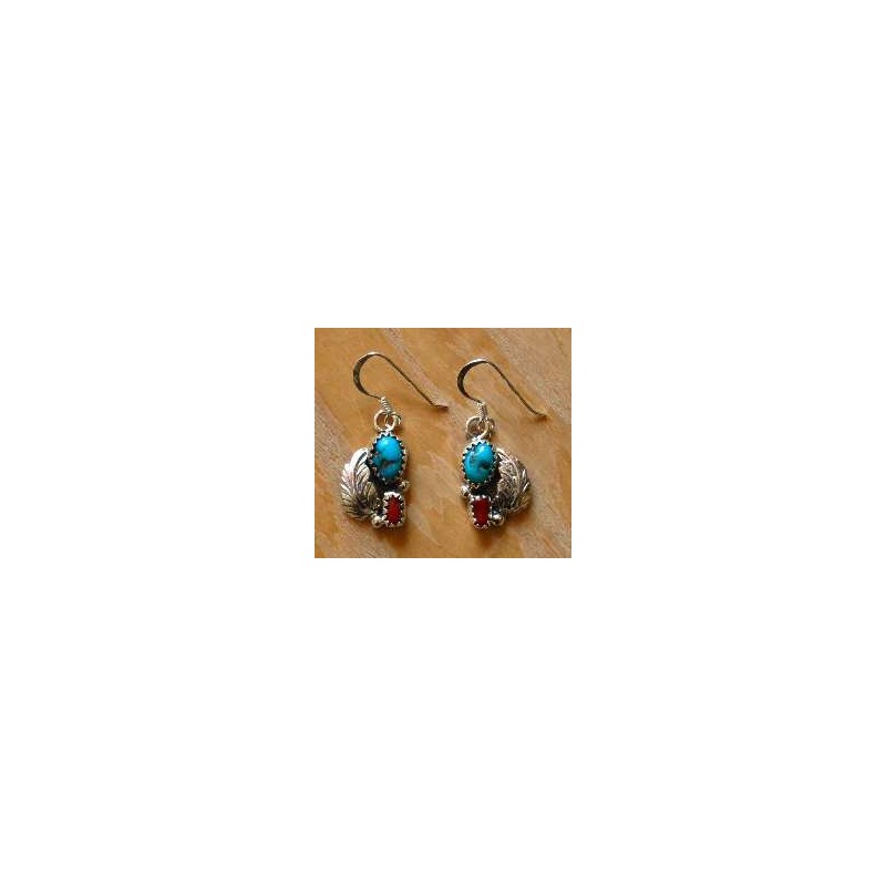Boucles d'oreilles Navajo.  Argent turquoises et corail.