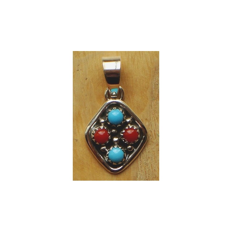 Petit pendentif navajo en argent, turquoises et corail.
