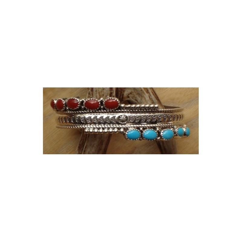 Bracelet navajo en argent, turquoises et corail.