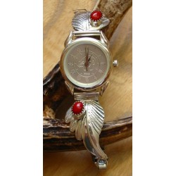 Bracelet de montre amérindienne navajo en argent et corail.