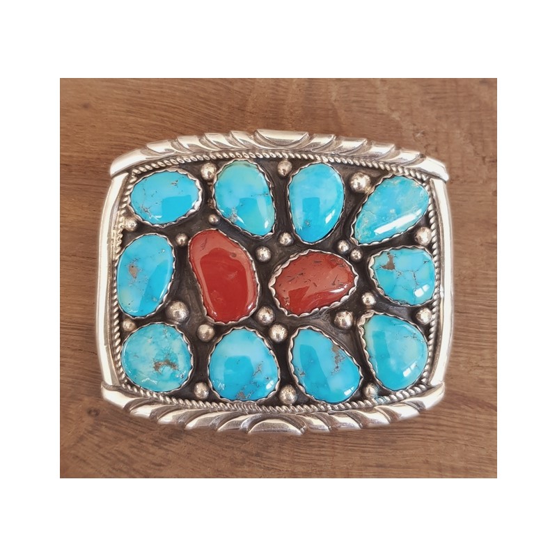 Boucle de ceinture indienne navajo en argent, turquoise et corail.