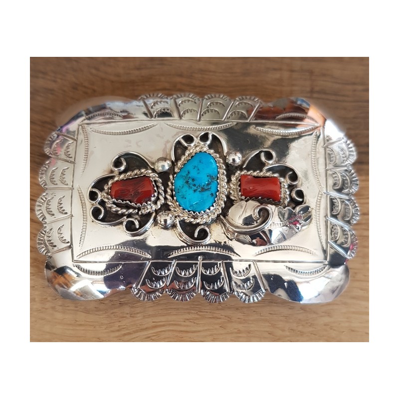 Boucle de ceinture indienne navajo en argent, turquoise et corail.